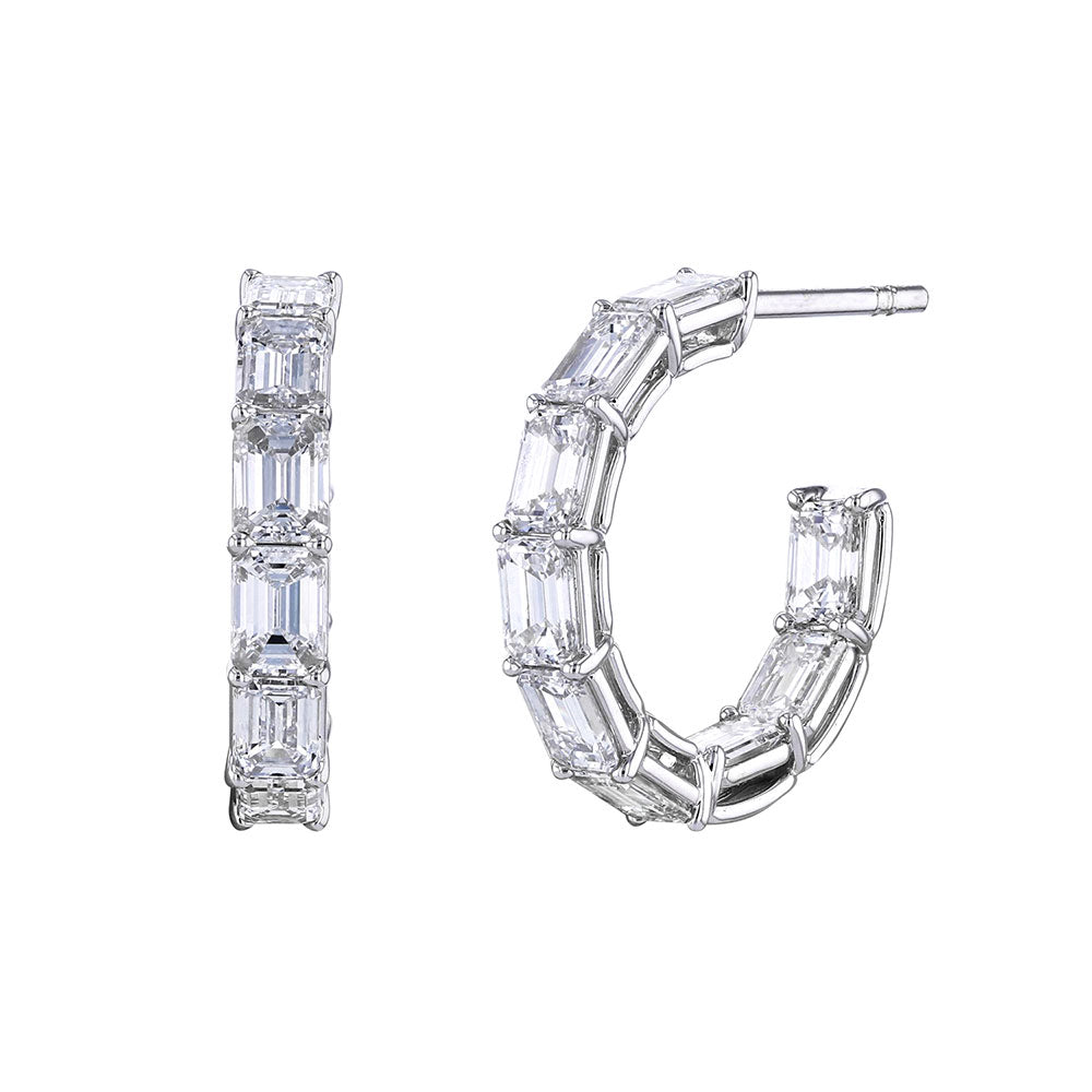 King Jewelers 18K White Gold Emerald Cut Diamond Hoops