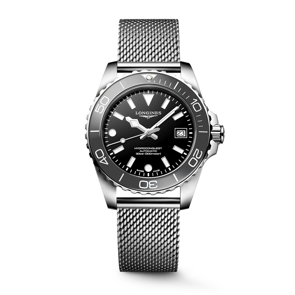 Longines HydroConquest 39mm Black Lacquered Polished Dial Stainless Steel