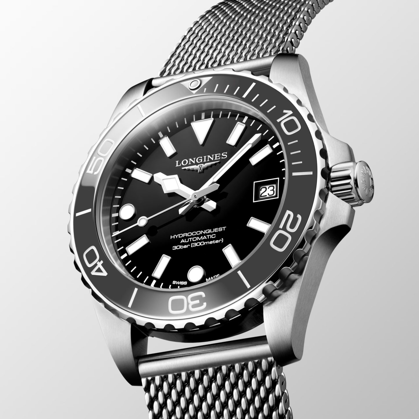 Longines HydroConquest 39mm Black Lacquered Polished Dial Stainless Steel