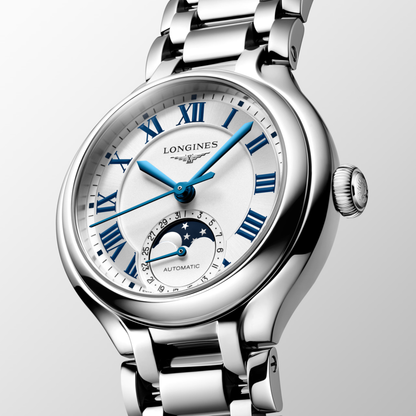 Longines PrimaLuna 34mm Automatic Moonphase Silver Dial Watch