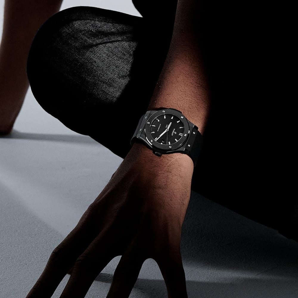 45MM HUBLOT CLASSIC FUSION BLACK MAGIC, CERAMIC CASE, BLACK DIAL, BLACK RUBBER S