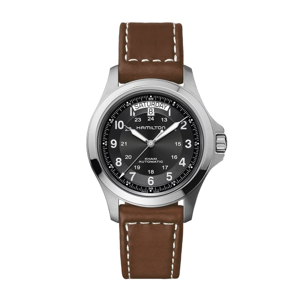 38MM HAMILTON KHAKI FIELD, STEEL CASE, BROWN STRAP, BLACK DIAL.