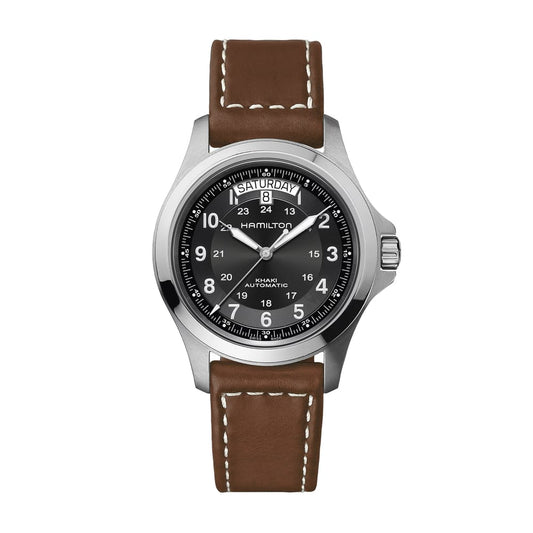 38MM HAMILTON KHAKI FIELD, STEEL CASE, BROWN STRAP, BLACK DIAL.