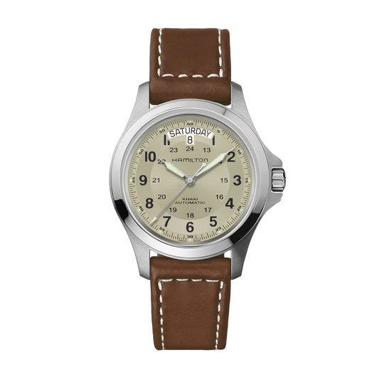 40MM HAMILTON KHAKI AUTOMATIC, STEEL CASE, BEIGE DIAL, BROWN LEATHER STRAP.