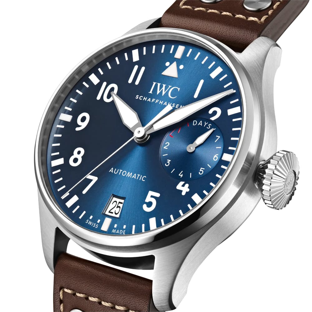 46MM IWC BIG PILOT LE PETIT PRINCE, STEEL CASE, BLUE DIAL, BROWN LEATHER STRAP.