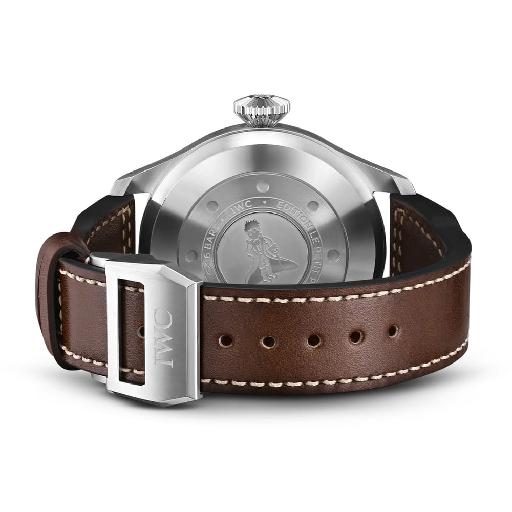 46MM IWC BIG PILOT LE PETIT PRINCE, STEEL CASE, BLUE DIAL, BROWN LEATHER STRAP.
