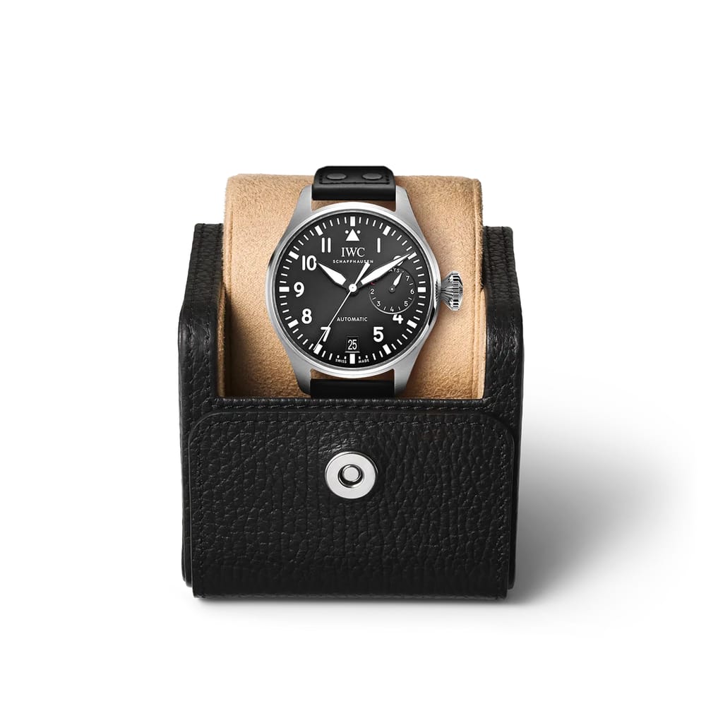 46.2MM IWC BIG PILOT, STEEL CASE, BLACK DIAL, BLACK LEATHER STRAP.