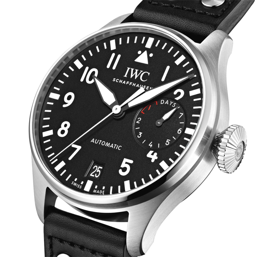 46.2MM IWC BIG PILOT, STEEL CASE, BLACK DIAL, BLACK LEATHER STRAP.