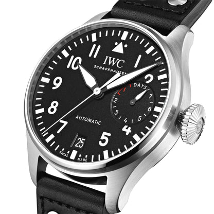 46.2MM IWC BIG PILOT, STEEL CASE, BLACK DIAL, BLACK LEATHER STRAP.