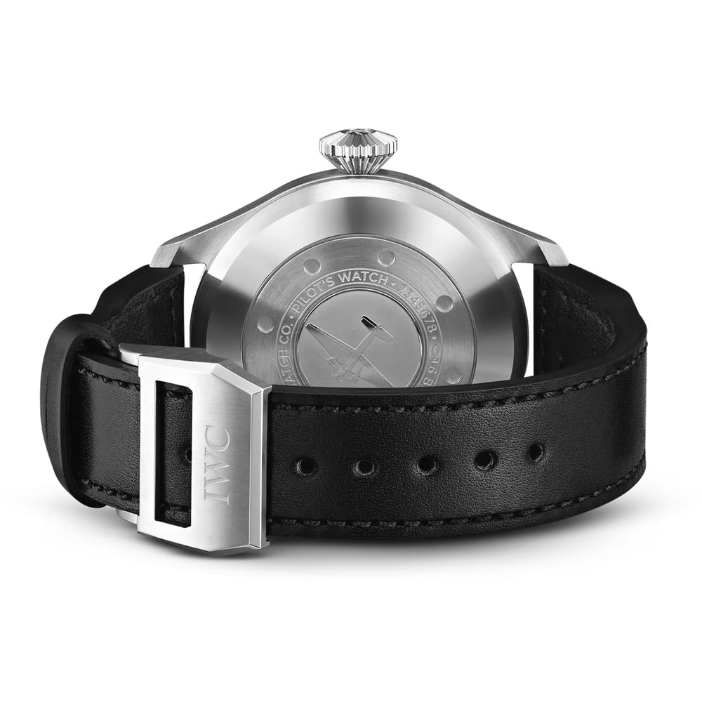 46.2MM IWC BIG PILOT, STEEL CASE, BLACK DIAL, BLACK LEATHER STRAP.