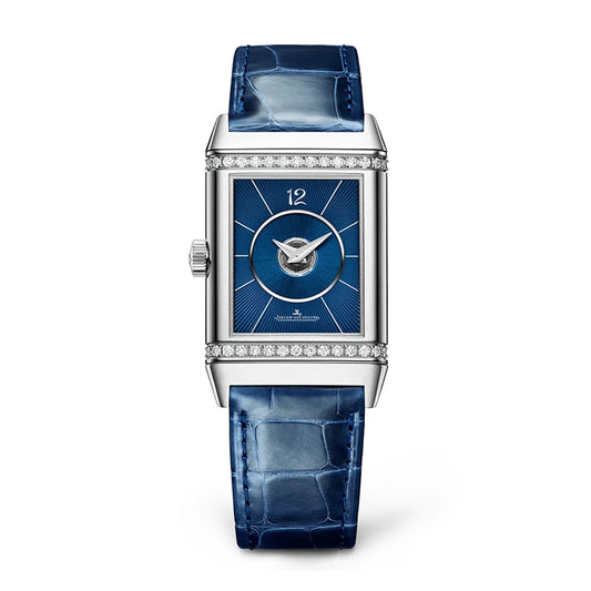 MEDIUM JAEGER-LECOULTRE REVERSO CLASSIC DUETTO, STEEL CASE, BLUE OR WHITE DIAL,