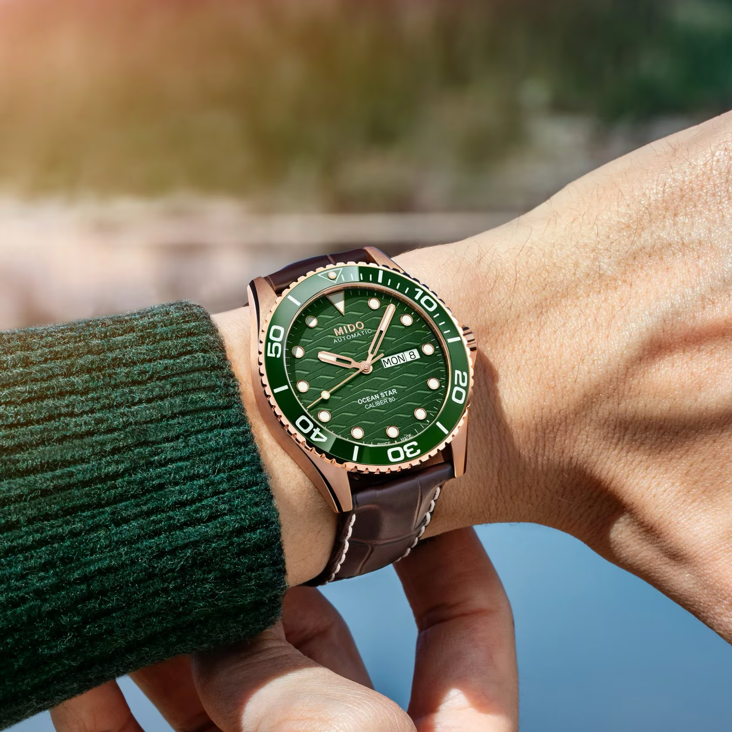 Mido Ocean Star 200C 42.5mm Green Dial Rose Gold PVD Watch