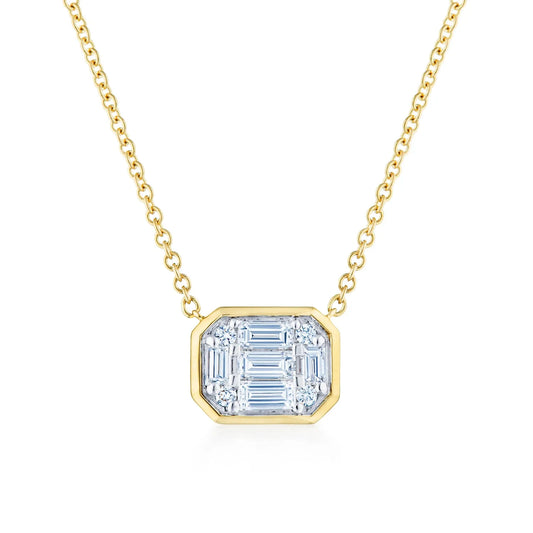 Kwiat Sunburst Emerald Cut Diamond East-West Pendant in 18K Yellow Gold