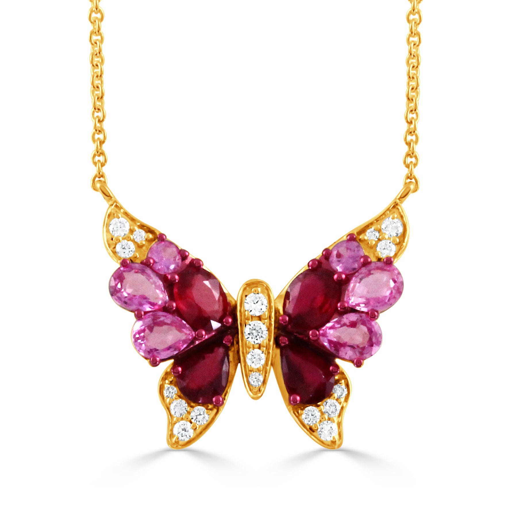 Doves 18K Yellow Gold Diamond Butterfly Necklace with Pink Sapphire and Rubies