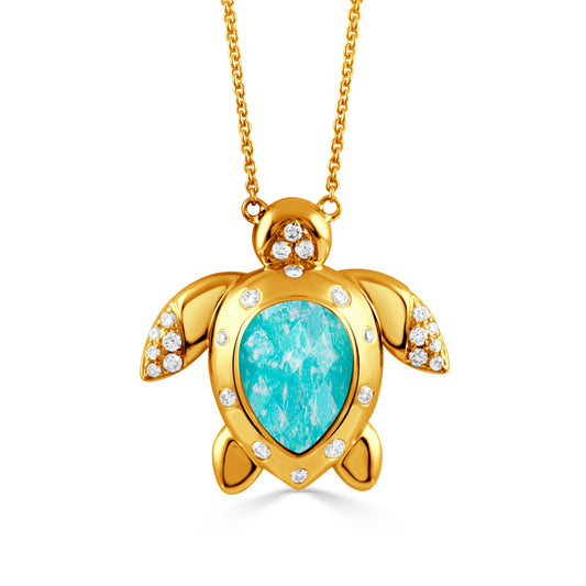 Doves Tropics 14K Yellow Gold Diamond Necklace with Clear Quartz over Amazonite