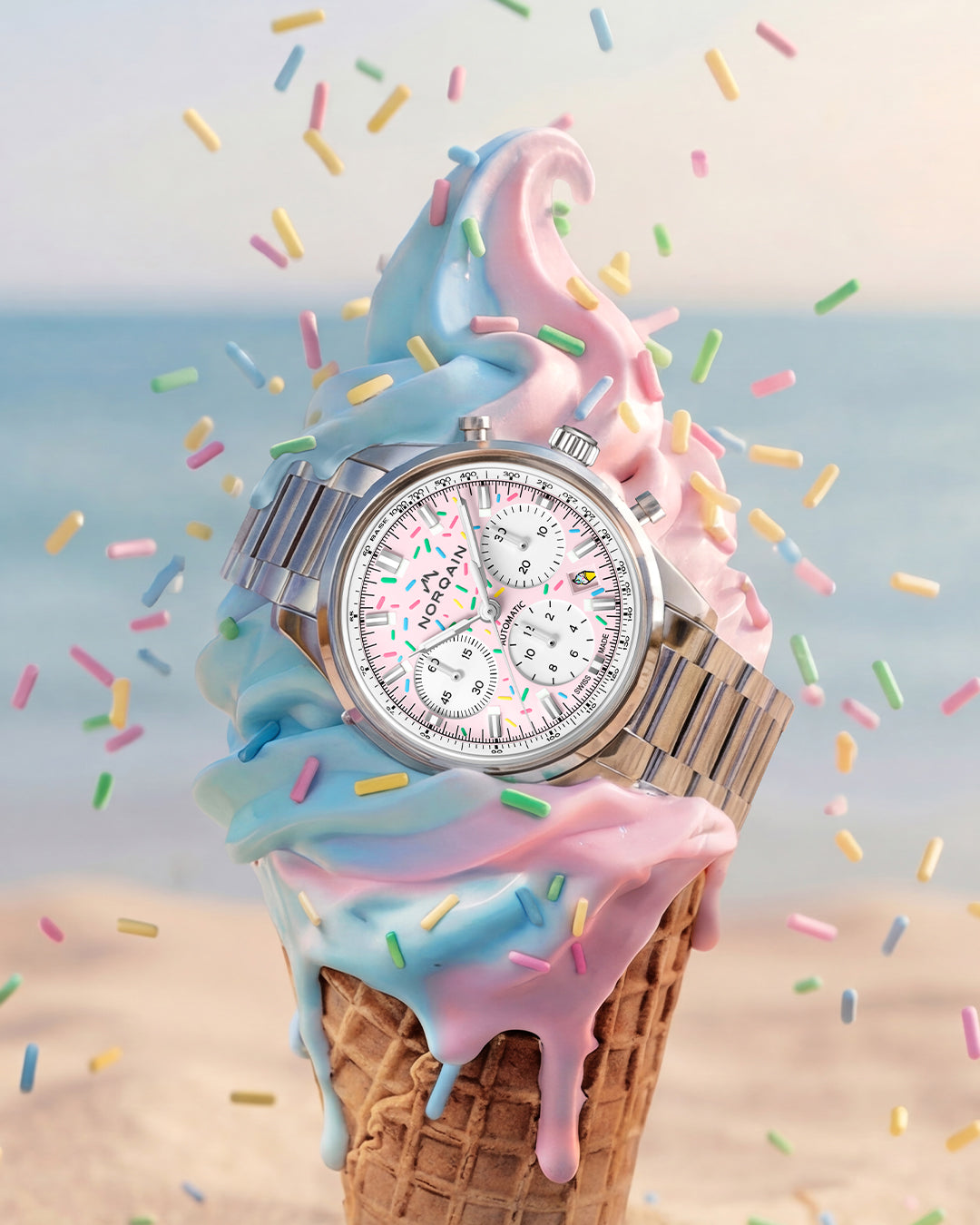 NORQAIN Freedom 60 Chrono Sprinkles Pink Dial Stainless Steel - View 3