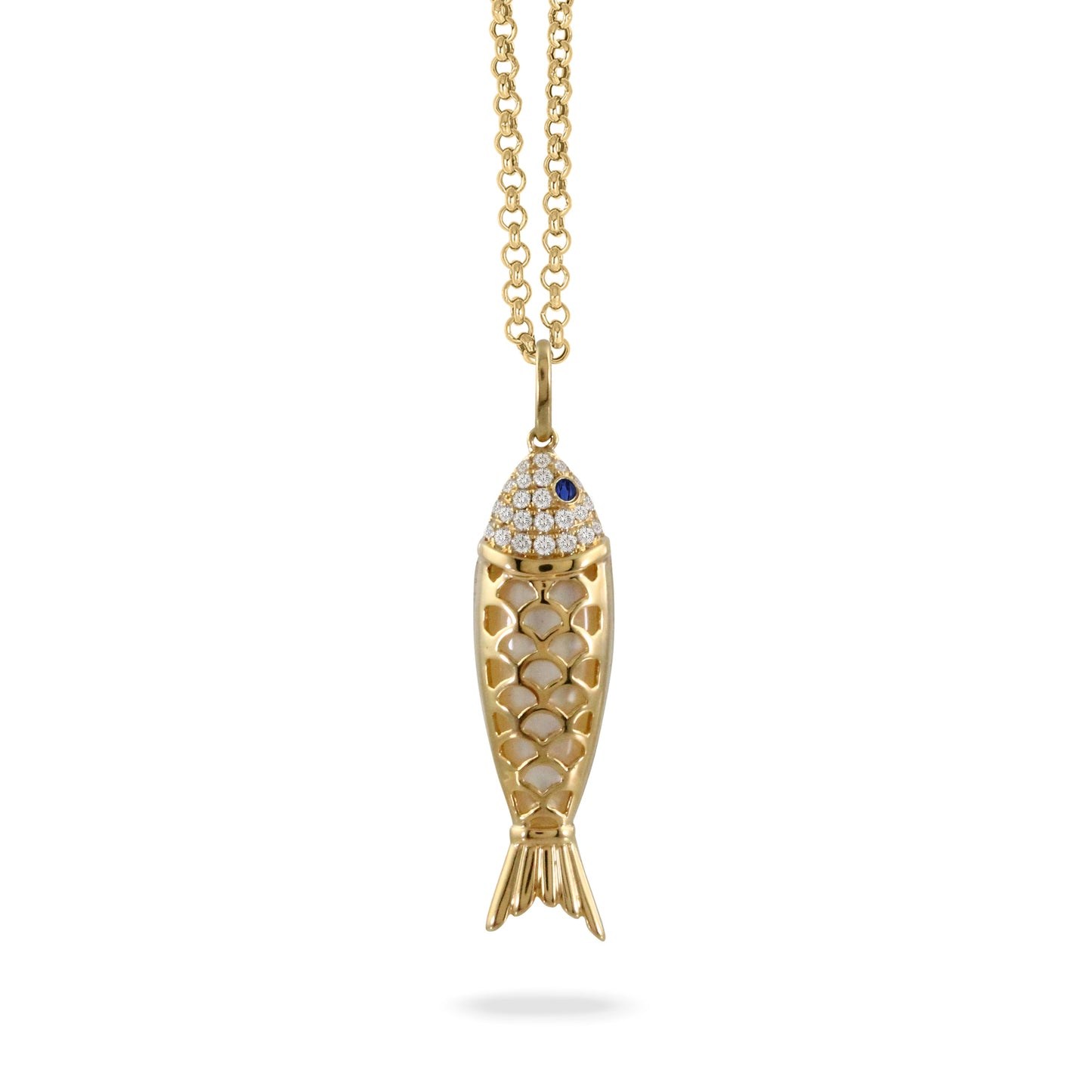 Doves Tropics 18K Yellow Gold Diamond Pendant with Sapphire and White Mother of Pearl