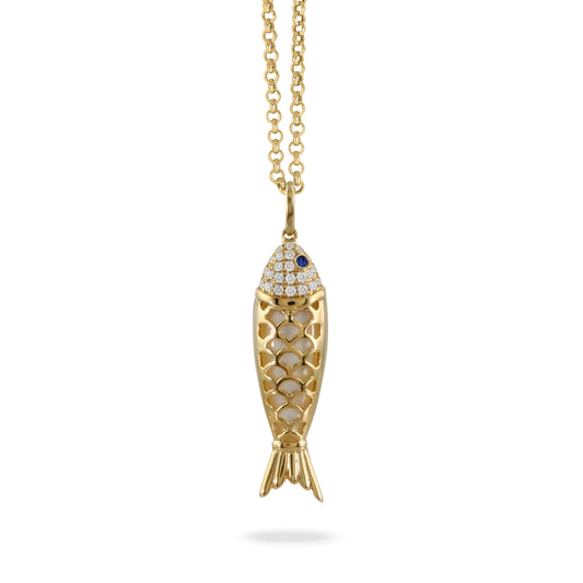 Doves Tropics 18K Yellow Gold Diamond Pendant with Sapphire and White Mother of Pearl
