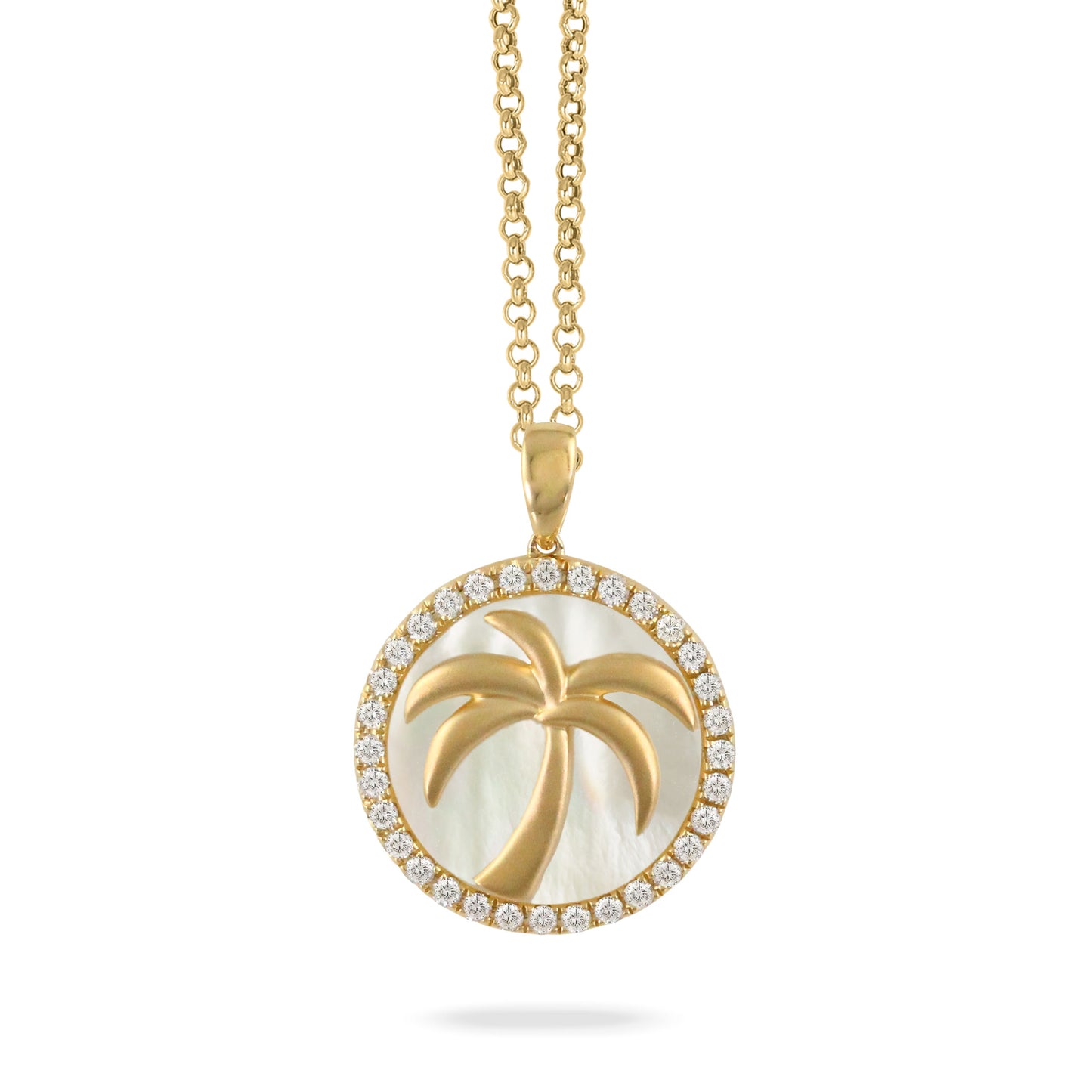 Doves Tropics 18K Yellow Gold Diamond Palm Tree Pendant with White Mother of Pearl
