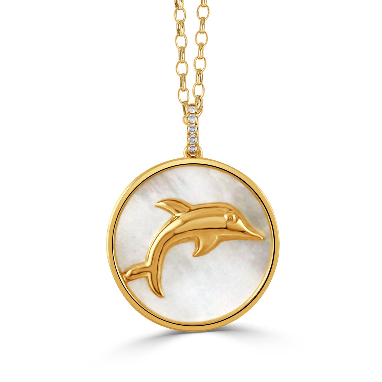 Doves Tropics 18K Yellow Gold Diamond Dolphin Medallion Pendant with White Mother of Pearl