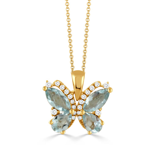 Doves Sky Blue 18K Yellow Gold Topaz and Diamond Butterfly Pendant