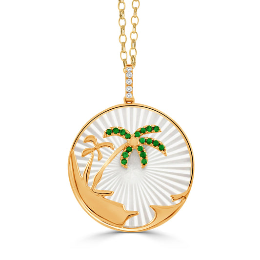 Doves Tropics 18K Yellow Gold Diamond Pendant with Carved White Mother of Pearl and Tsavorite