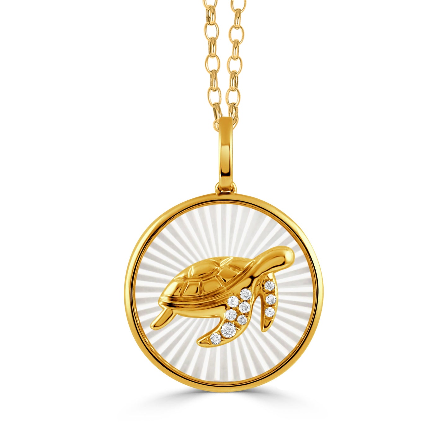 Doves Tropics 14K Yellow Gold Diamond Sea Turtle Pendant on Carved White Mother of Pearl