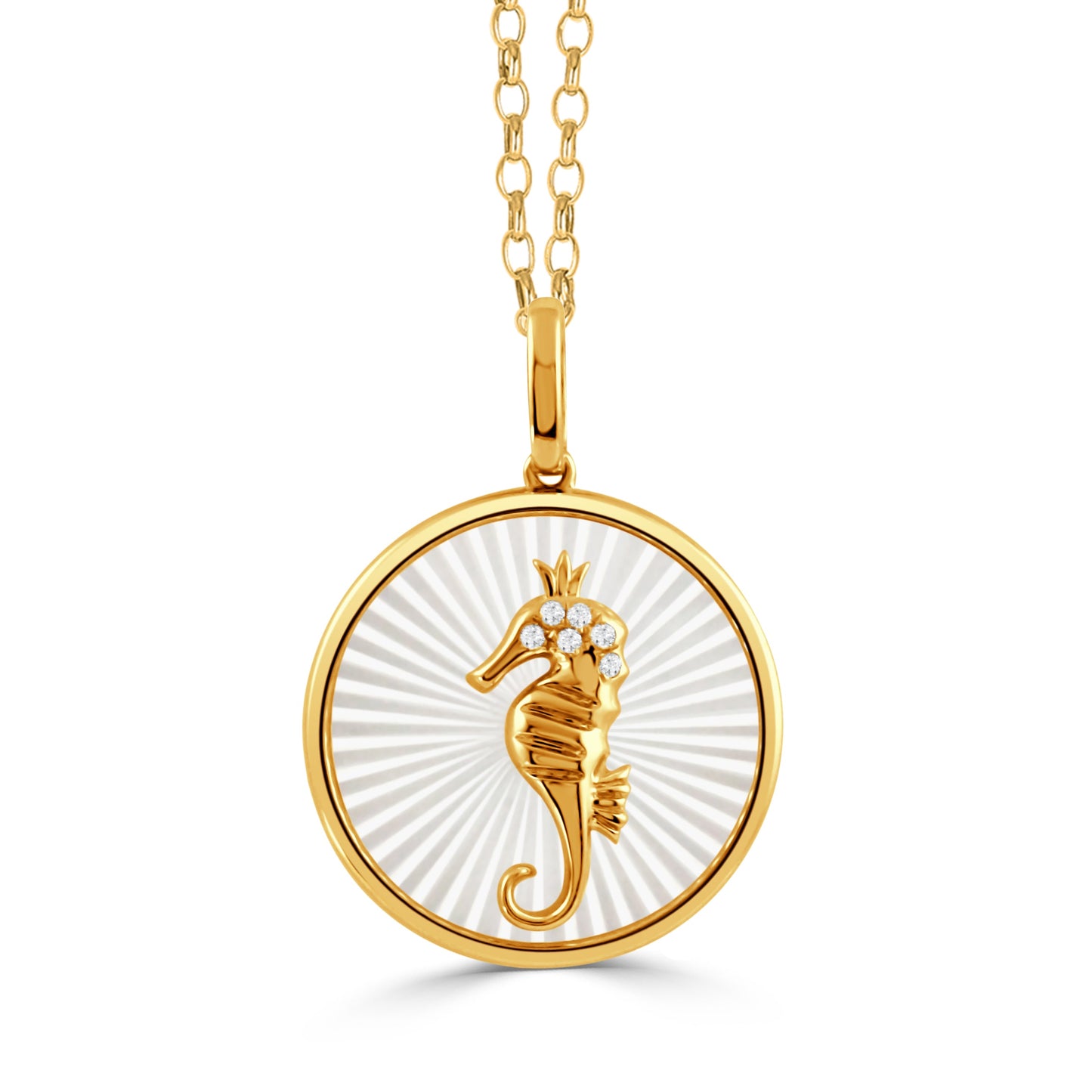 Doves Tropics 14K Yellow Gold Diamond Sea Horse Pendant on Carved White Mother of Pearl