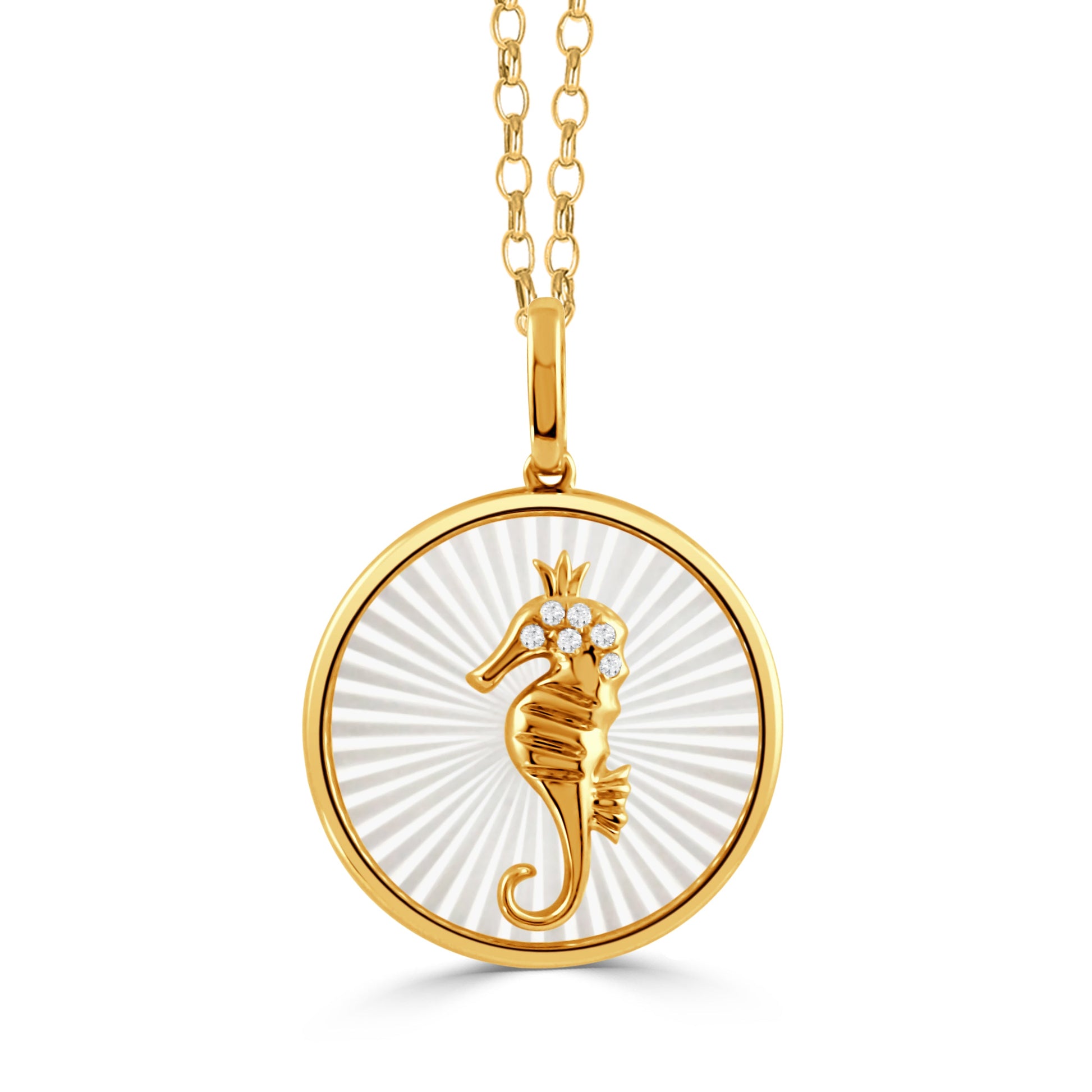 Doves Tropics 14K Yellow Gold Diamond Sea Horse Pendant on Carved White Mother of Pearl