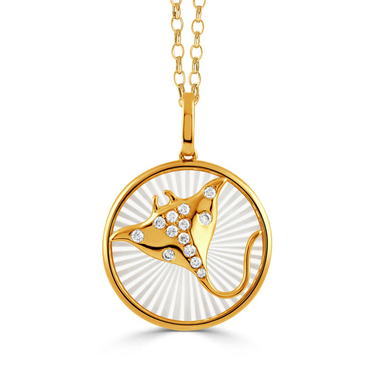 Doves Tropics 14K Yellow Gold Diamond Sting Ray Pendant on Carved White Mother of Pearl