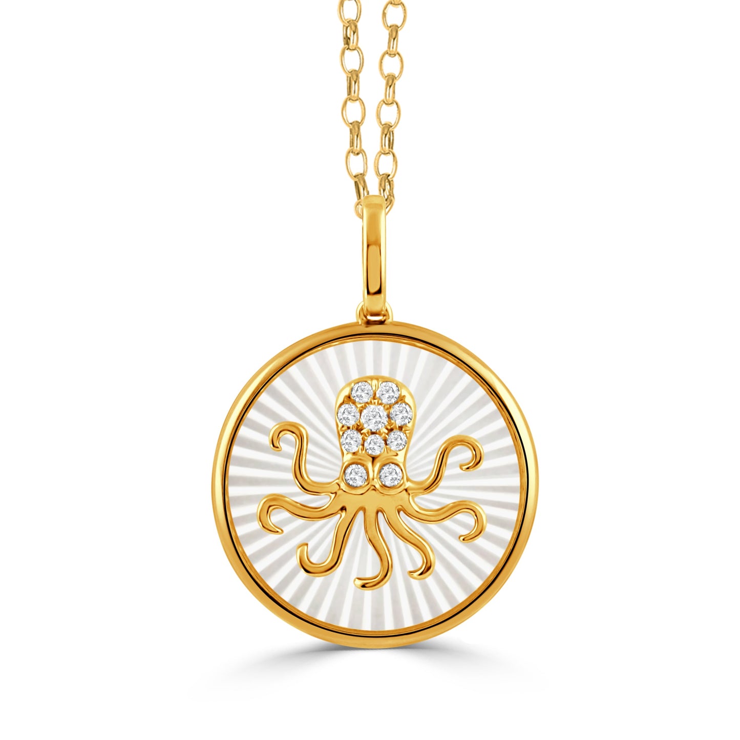 Doves Tropics 14K Yellow Gold Diamond Octopus Pendant on Carved White Mother of Pearl