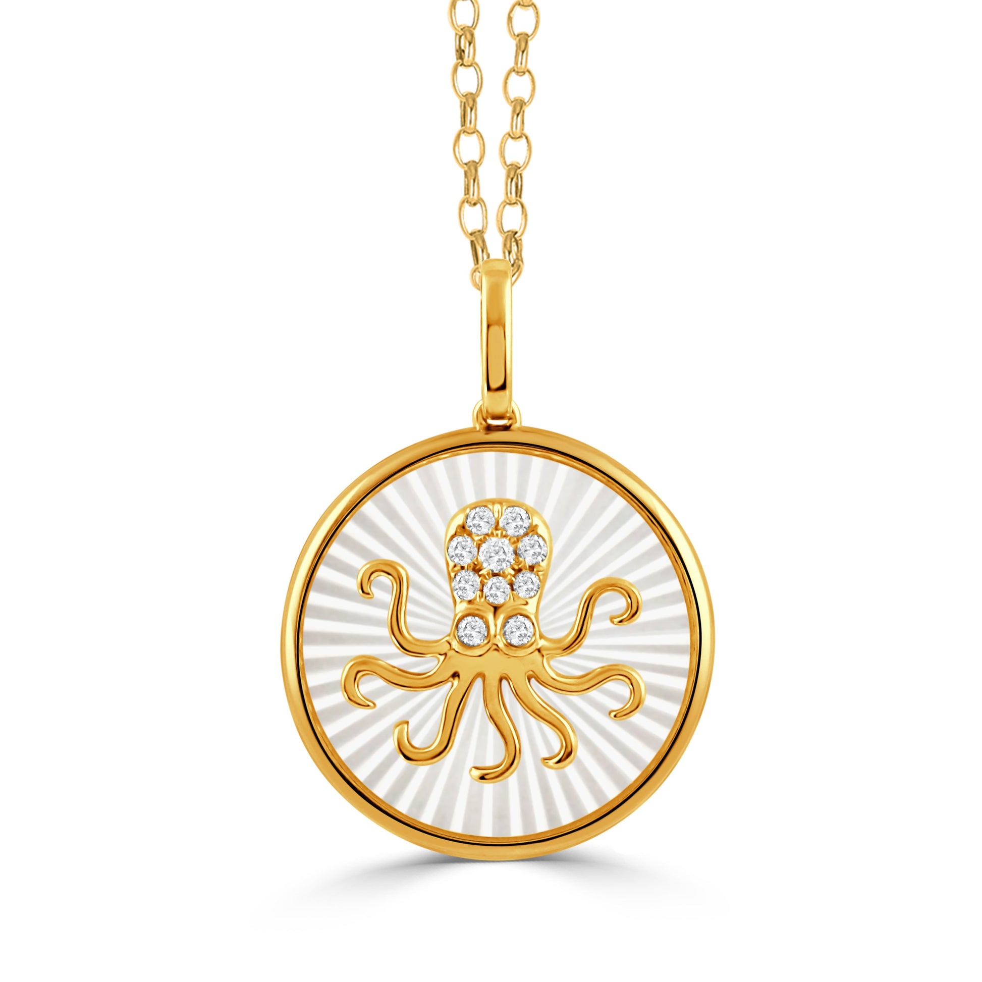 Doves Tropics 14K Yellow Gold Diamond Octopus Pendant on Carved White Mother of Pearl
