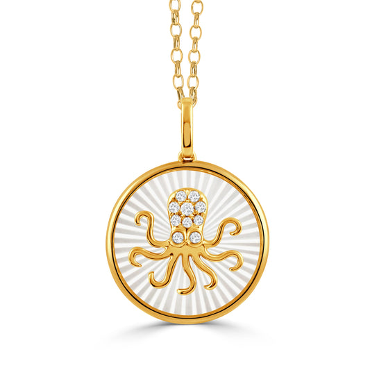 Doves Tropics 14K Yellow Gold Diamond Octopus Pendant on Carved White Mother of Pearl