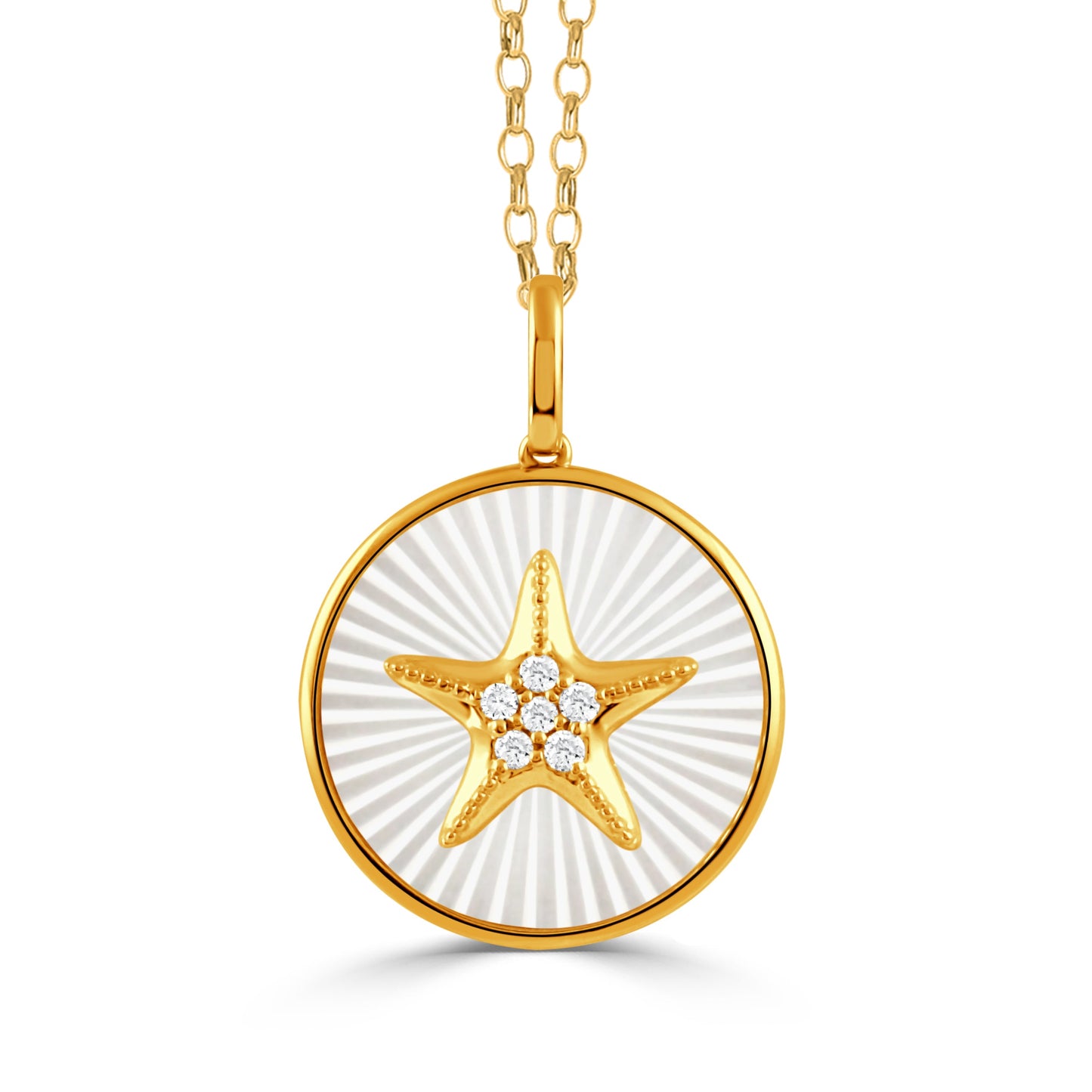 Doves Tropics 14K Yellow Gold Diamond Starfish Pendant on Carved White Mother of Pearl