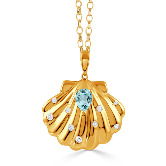 Doves Tropics 14K Yellow Gold Diamond Sea Shell Pendant with Sky Blue Topaz