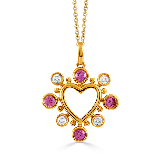 Doves Pink Sapphire 18K Yellow Gold Diamond Pendant with Pink Sapphire Center Stone