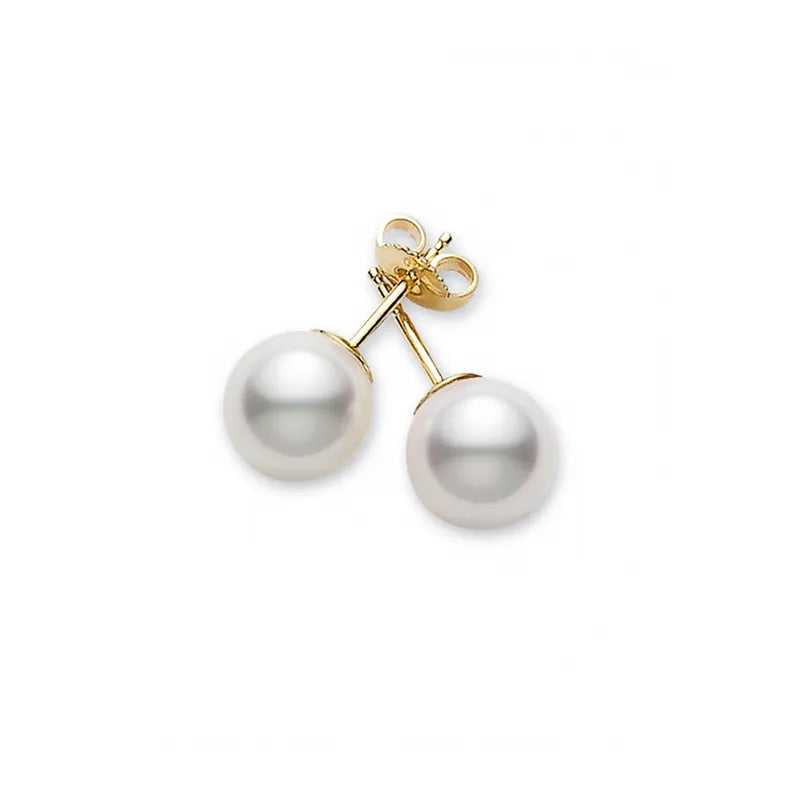 Mikimoto 7-7.5mm A+ Akoya Pearl Yellow Gold Stud Earrings