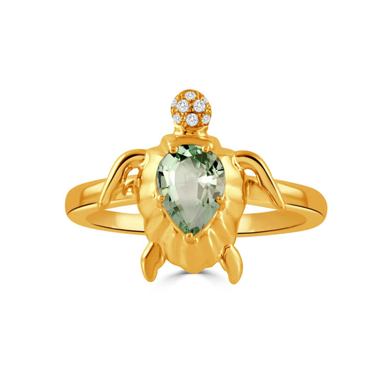 Doves Tropics 18K Yellow Gold Diamond Sea Turtle Ring with Green Amethyst