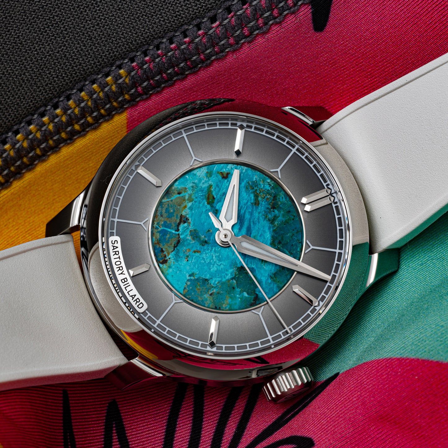 Sartory-Billard SB04-E Chrysocolla Platinum 39.5mm watch, detail of the stone dial and platinum-coated fume ring