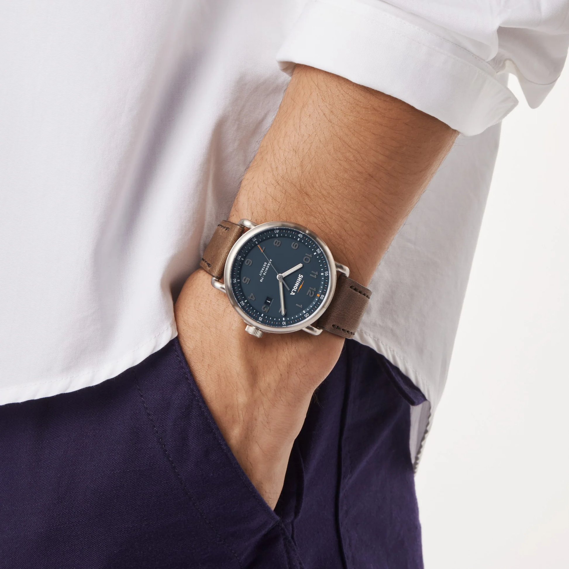 Shinola Canfield Model C56 43mm Continental Blue Dial Tan Leather Strap Watch