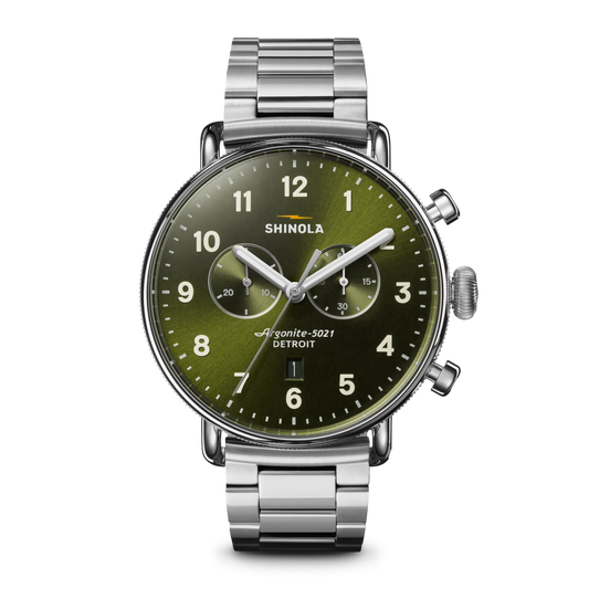 Shinola Canfield Chronograph 43mm Dark Olive Dial Stainless Steel Bracelet Watch