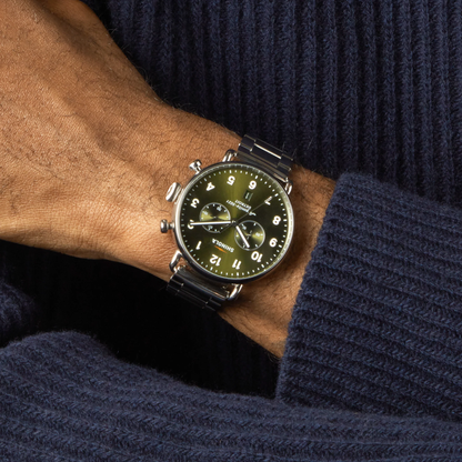 Shinola Canfield Chronograph 43mm Dark Olive Dial Stainless Steel Bracelet Watch