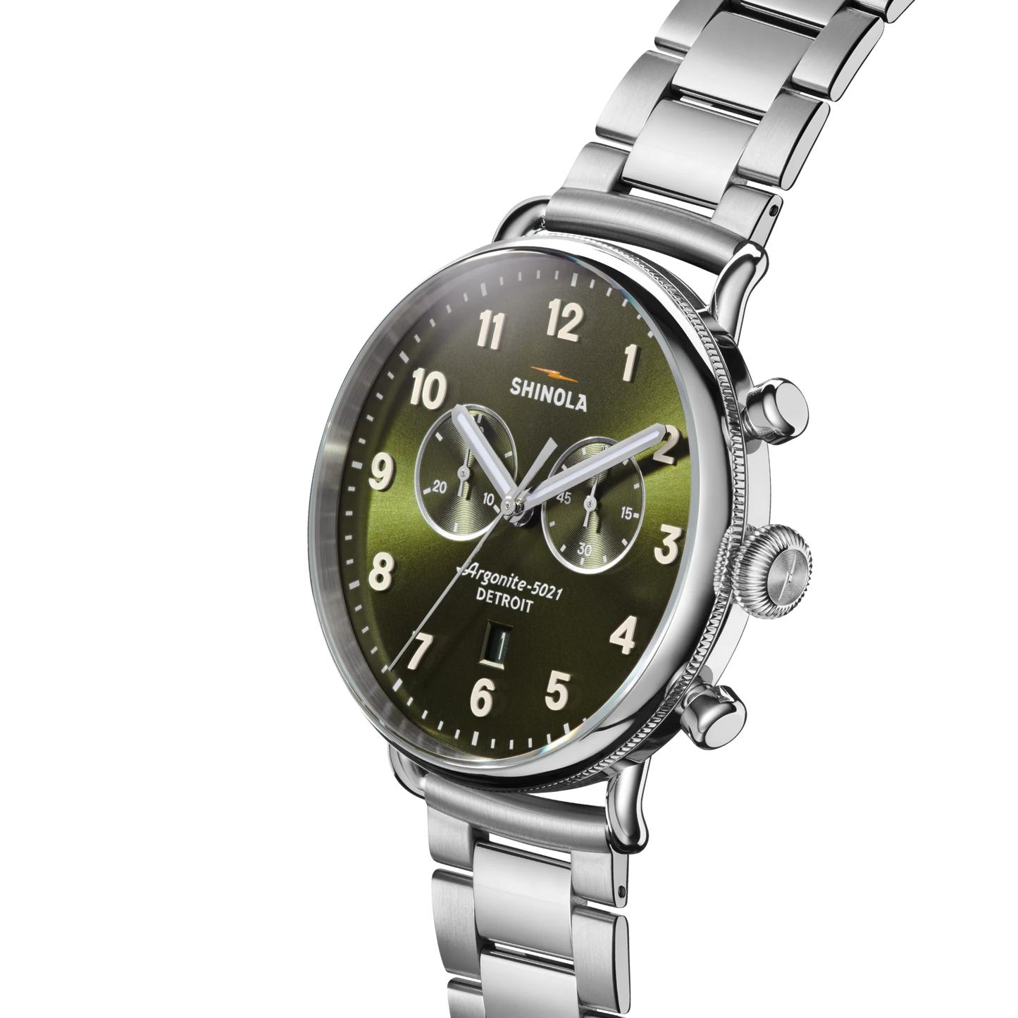 Shinola Canfield Chronograph 43mm Dark Olive Dial Stainless Steel Bracelet Watch