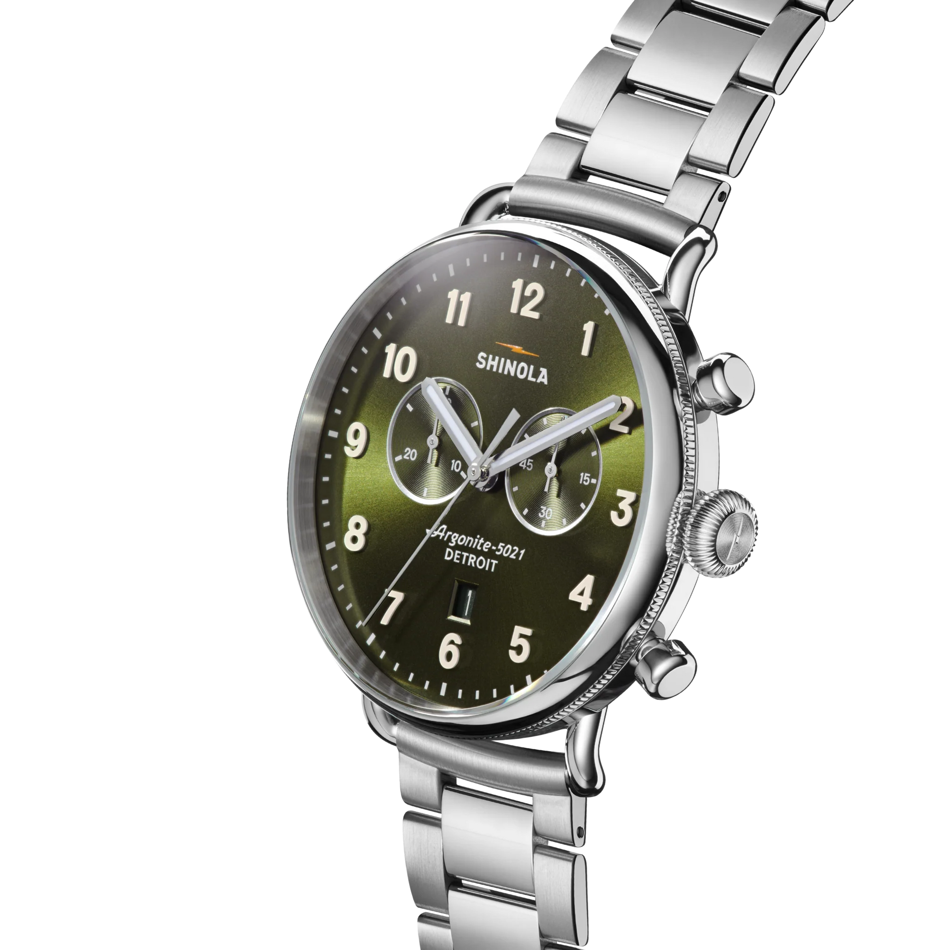 Shinola Canfield Chronograph 43mm Dark Olive Dial Stainless Steel Bracelet Watch