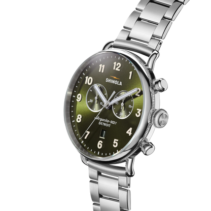 Shinola Canfield Chronograph 43mm Dark Olive Dial Stainless Steel Bracelet Watch