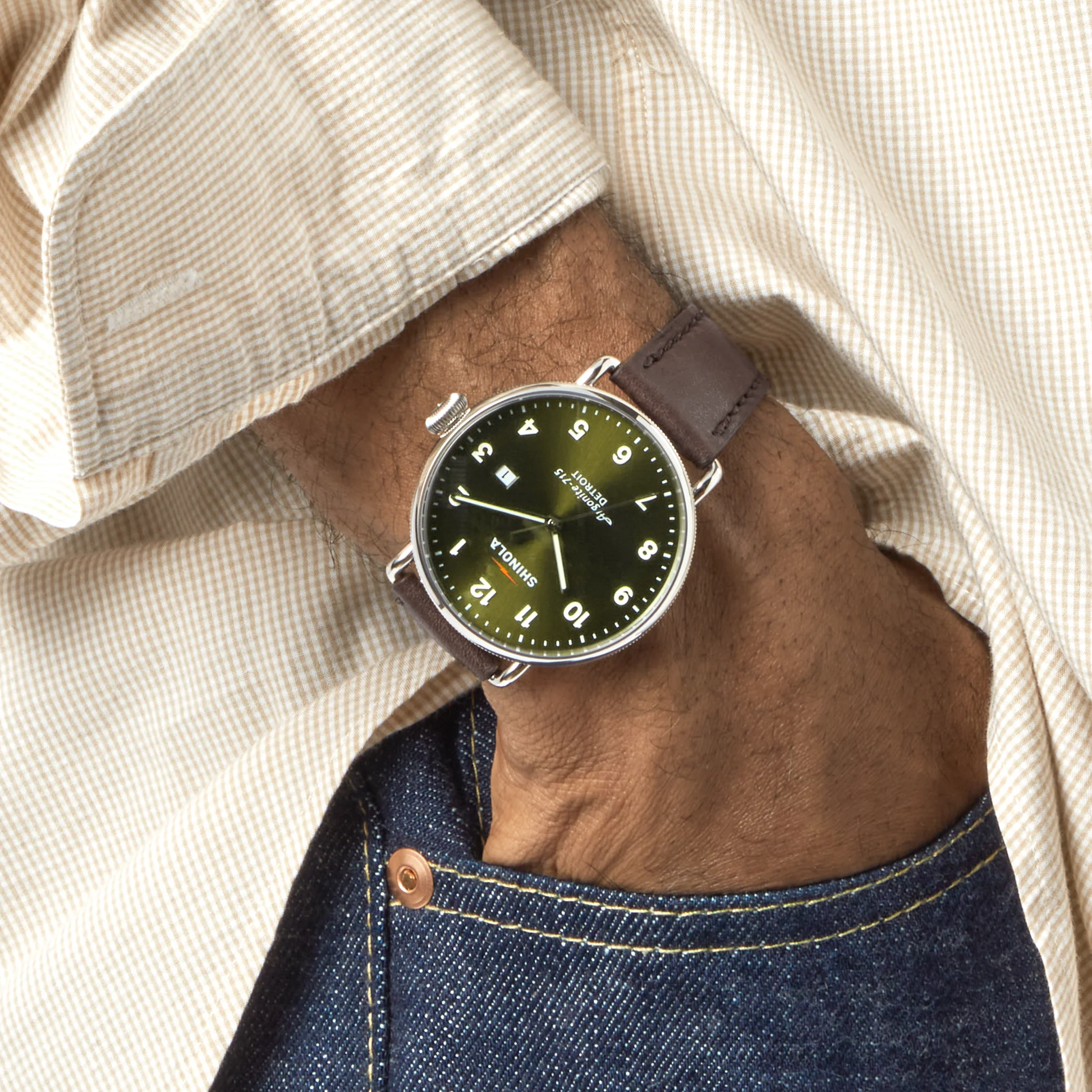Shinola Canfield 43mm Dark Olive Dial Brown Leather Strap Watch