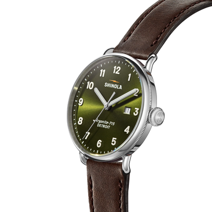 Shinola Canfield 43mm Dark Olive Dial Brown Leather Strap Watch