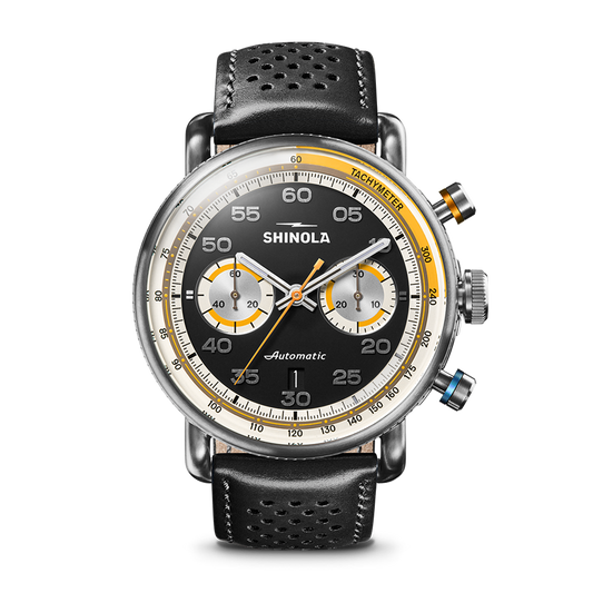 Shinola Canfield Speedway Open Road 44mm Black Dial Black Leather Strap Chronograph Watch