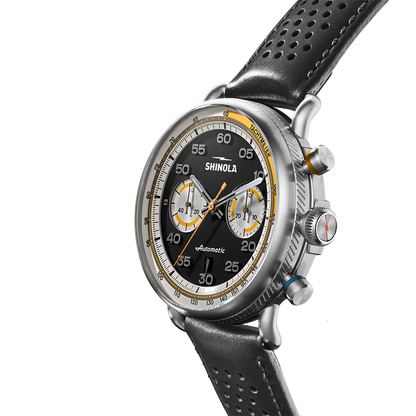 Shinola Canfield Speedway Open Road 44mm Black Dial Black Leather Strap Chronograph Watch