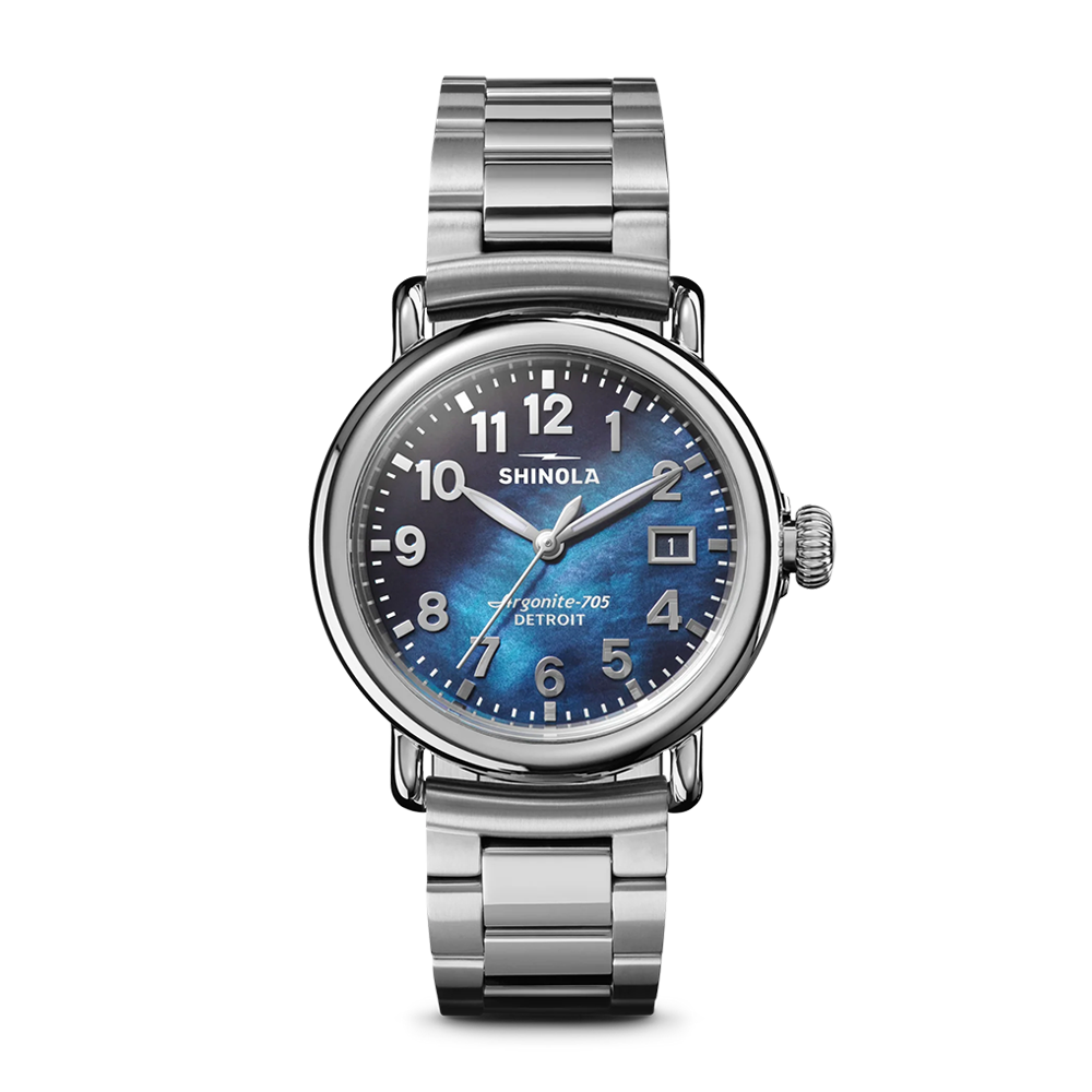 Shinola Runwell 36mm Cadet Blue Mother of Pearl Dial Stainless Steel Bracelet Watch